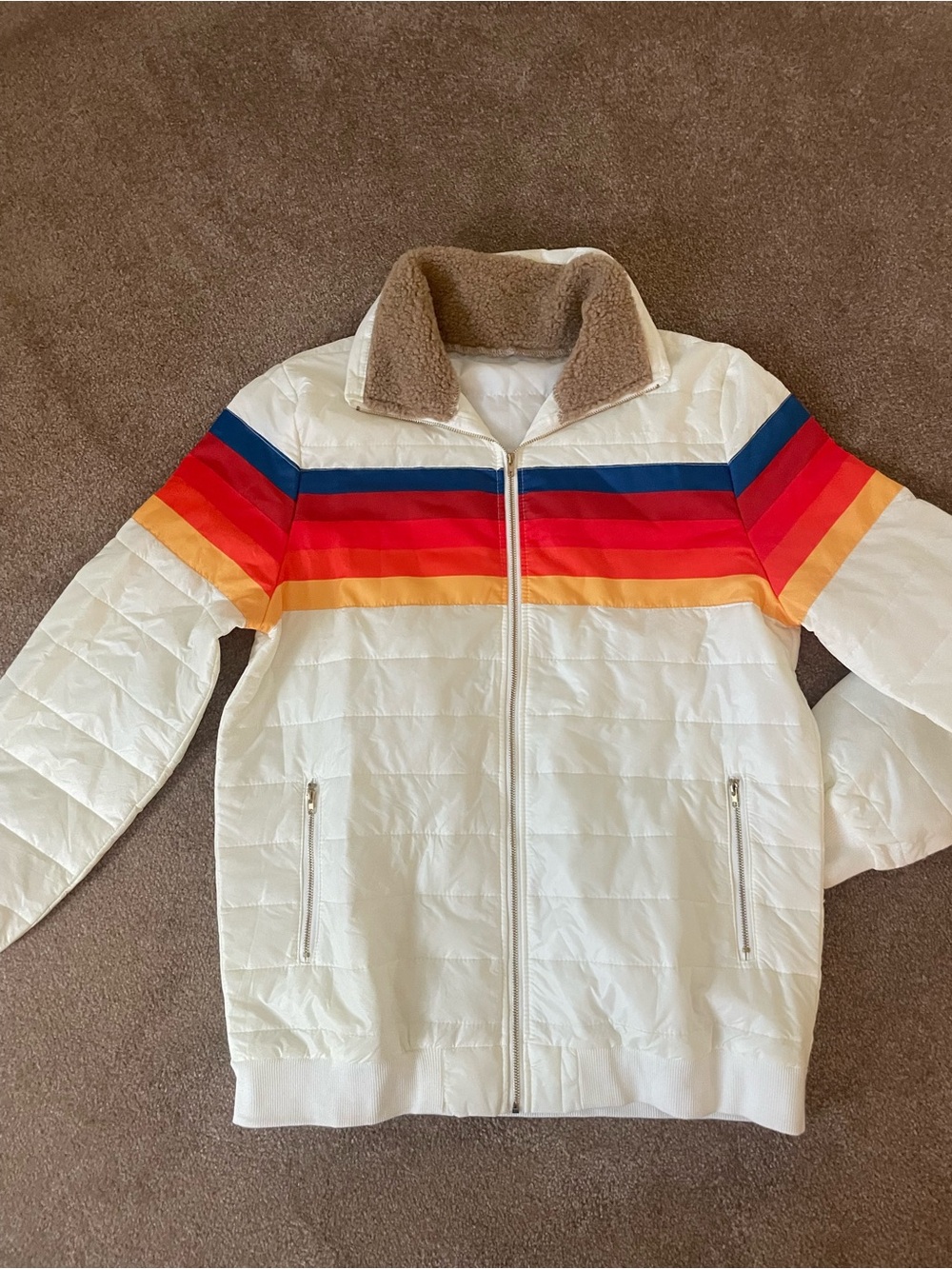 Women’s or men’sWhite Puffer Jacket with Rainbow Stripe